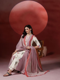 MIZAZJAIPUR - Off White Printed Straight Anarkali Kurta Pant with Dupatta