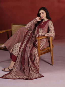 MIZAZJAIPUR - Beige Printed Straight Anarkali Kurta Pant with Dupatta