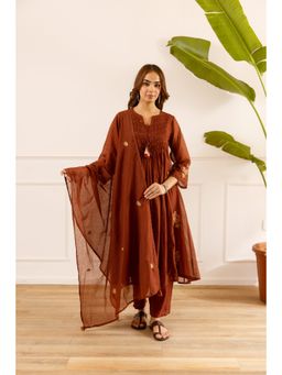 Nehamta - Rust Embroidered Straight Anarkali Kurta Pant with Dupatta