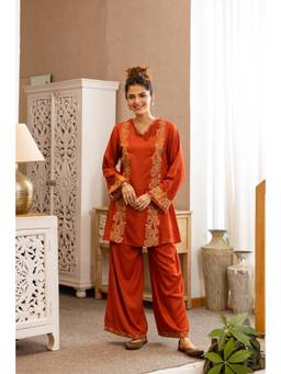 Nehamta - Orange Embroidered Wide Kurti & Palazzo
