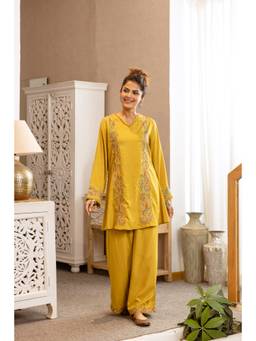 Nehamta - Yellow Embroidered Wide Kurti & Palazzo