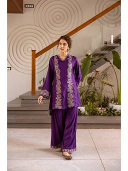 Nehamta - Purple Embroidered Wide Kurti & Palazzo