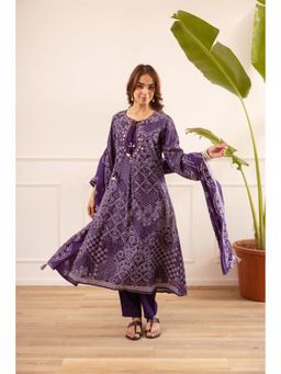 Nehamta - Purple Printed Straight Anarkali Kurta Pant with Dupatta