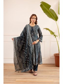 Nehamta - Teal Printed Straight Anarkali Kurta Pant with Dupatta