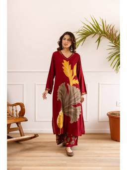 Nehamta - Red Floral Wide Kurta & Palazzo