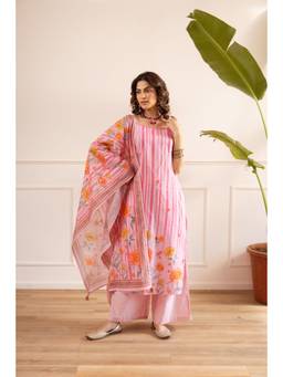 Nehamta - Pink Floral Wide Kurta Palazzo with Dupatta