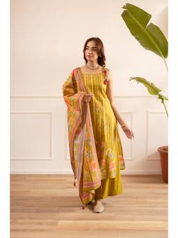 Nehamta - Mustard Floral Wide Kurta Palazzo with Dupatta