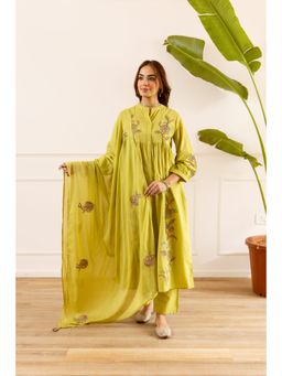 Nehamta - Yellow Embroidered Straight Kurta Pant with Dupatta