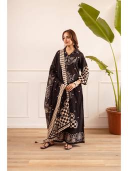 Nehamta - Black Floral Wide Kurta Palazzo with Dupatta