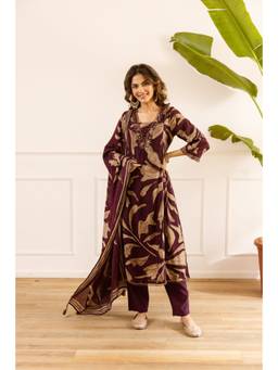 Nehamta - Maroon Floral Straight Kurta Pant with Dupatta