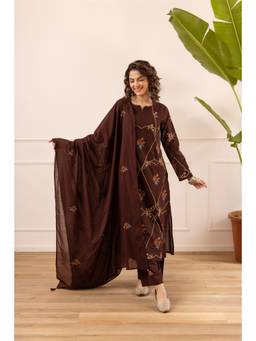 Nehamta - Brown Embroidered Straight Kurta Pant with Dupatta