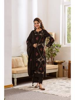 Nehamta - Black Embroidered Straight Kurta Pant with Dupatta