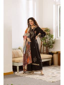 Nehamta - Black Embroidered Wide Kurta Palazzo with Dupatta