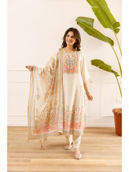 Nehamta - White Floral Printed Straight Kurta Pant with Dupatta