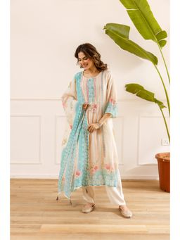 Nehamta - Off White Floral Printed Straight Kurta Pant with Dupatta
