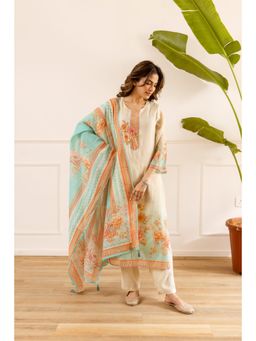 Nehamta - Off White Floral Printed Straight Kurta Pant with Dupatta