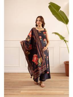 Nehamta - Black Floral Printed Wide Kurta Palazzo with Dupatta