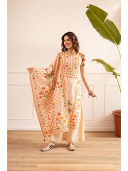 Nehamta - Off White Floral Printed Wide Kurta Palazzo with Dupatta