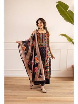 Nehamta - Black Floral Wide Kurta Palazzo with Dupatta