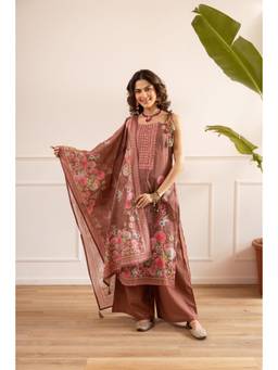 Nehamta - Brown Floral Wide Kurta Palazzo with Dupatta