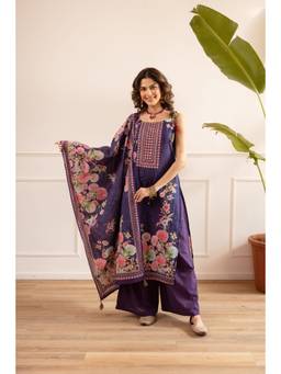 Nehamta - Navy Blue Floral Wide Kurta Palazzo with Dupatta
