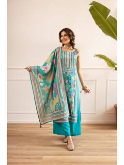 Nehamta - Turquoise Floral Printed Wide Kurta Palazzo with Dupatta