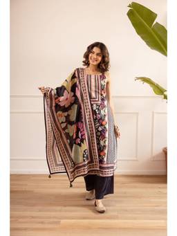Nehamta - Black Floral Printed Wide Kurta Palazzo with Dupatta