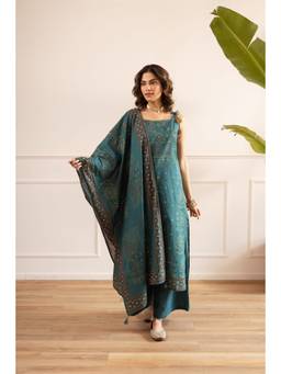 Nehamta - Teal Floral Printed Wide Kurta Palazzo with Dupatta