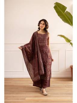 Nehamta - Maroon Floral Printed Wide Kurta Palazzo with Dupatta