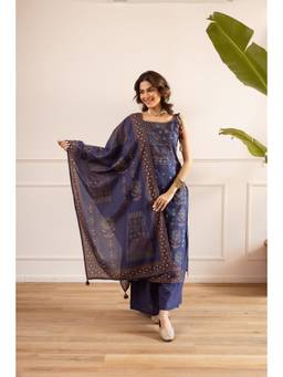 Nehamta - Navy Blue Floral Printed Wide Kurta Palazzo with Dupatta
