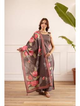 Nehamta - Brown Floral Printed Wide Kurta Palazzo with Dupatta