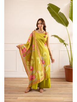 Nehamta - Yellow Floral Printed Wide Kurta Palazzo with Dupatta