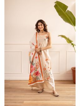 Nehamta - Off White Floral Wide Kurta Palazzo with Dupatta
