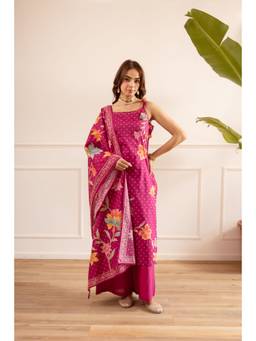 Nehamta - Pink Floral Wide Kurta Palazzo with Dupatta