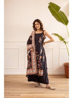 Nehamta - Black Floral Wide Kurta Palazzo with Dupatta