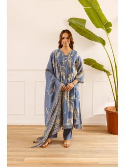 Nehamta - Blue Floral Printed Straight Anarkali Kurta Pant with Dupatta