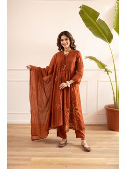 Nehamta - Rust Embroidered Straight Anarkali Kurta Pant with Dupatta