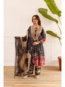 Nehamta - Black Abstract Straight Anarkali Kurta Pant with Dupatta