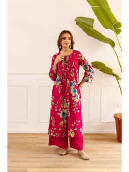 Nehamta - Pink Floral Wide Kurta Palazzo with Dupatta