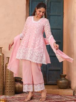 Rain & Rainbow - Pink Embroidered Straight Kurti Pant with Dupatta