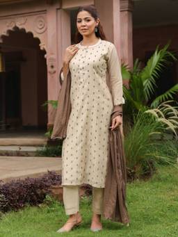 Rain & Rainbow - Beige Embroidered Straight Kurta Pant with Dupatta
