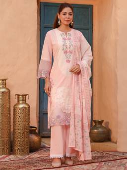 Rain & Rainbow - Pink Embroidered Straight Kurta Pant with Dupatta