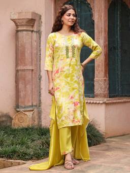 Rain & Rainbow - Green Embroidered Straight Kurta Pant with Dupatta