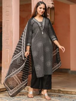 Rain & Rainbow - Black Printed Straight Kurta Pant with Dupatta