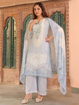 Rain & Rainbow - Blue Embroidered Straight Kurta Pant with Dupatta