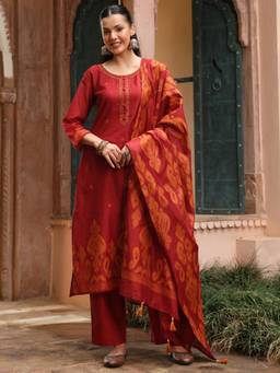 Rain & Rainbow - Maroon Printed Straight Kurta Pant with Dupatta