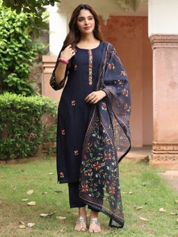 Rain & Rainbow - Navy Blue Printed Straight Kurta Pant with Dupatta