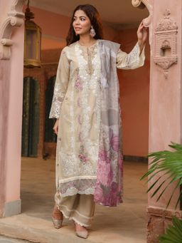 Rain & Rainbow - Beige Embroidered Straight Kurta Pant with Dupatta