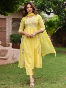 Rain & Rainbow - Yellow Embroidered Straight Anarkali Kurta Pant with Dupatta