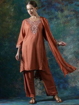 SHAHAD - Rust Embroidered Straight Kurta Pant with Dupatta